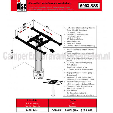 Ilse lifttafelpoot draai/schuifb 5993 SS8